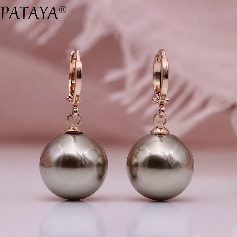 PATAYA New Round Shell Pearls Long Dangle Earrings 585 Rose Gold Color Wedding Earring Women Simple Unique Fine Fashion Jewelry