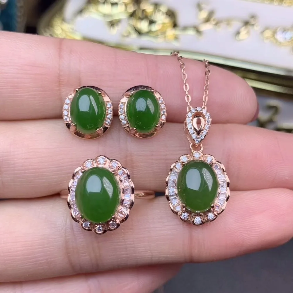 Natural and Real Hetian Jasper jewelry set 925 sterling silver 1pc pendant,1pc ring ,2pcs Earring