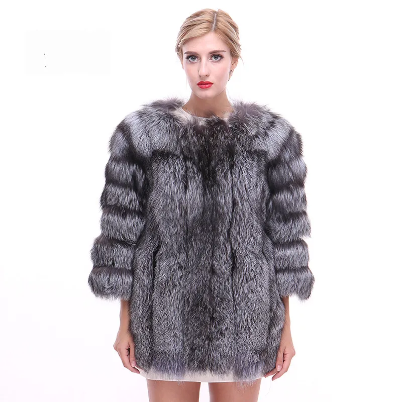 

Luxury Autumn Winter Women's Genuine Real Silver Fox Fur Coat Lady Slim Jacket Outerwear Plus Size VF7048