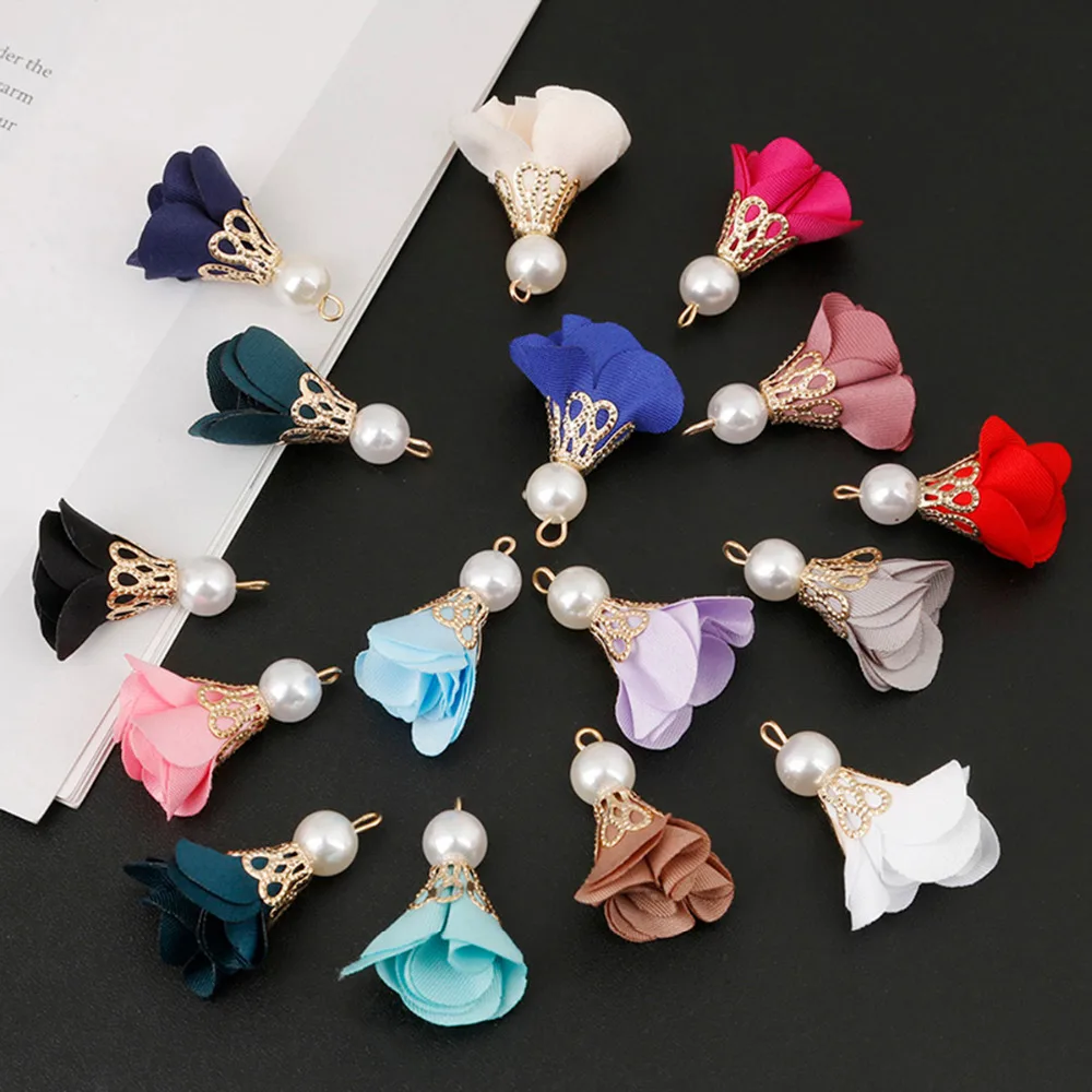 30mm 10pcs/bag Fashion Fabric Satin Flower Beads Cap Tassel Charm for DIY Earring Necklace Bracelet Jewelry Making Findings