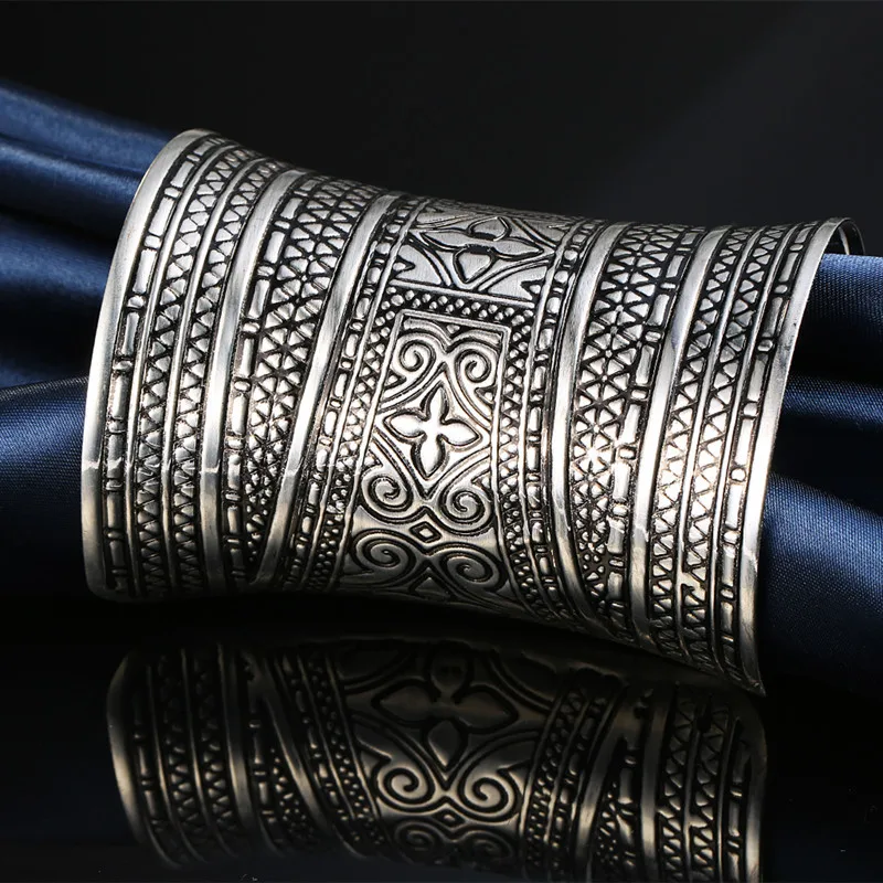 Dayoff Boho Ethnic Vintage Tibetan Gold Silver Plated Bracelet Huge Open Cuff Bangle Flower Carving  India Women Jewelry B11