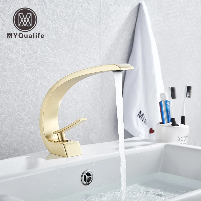 MYQualife Creative Design Brushed Gold Basin Faucet  Washing Basin Mixer Deck Mounted Cold and Hot Bathroom Faucet