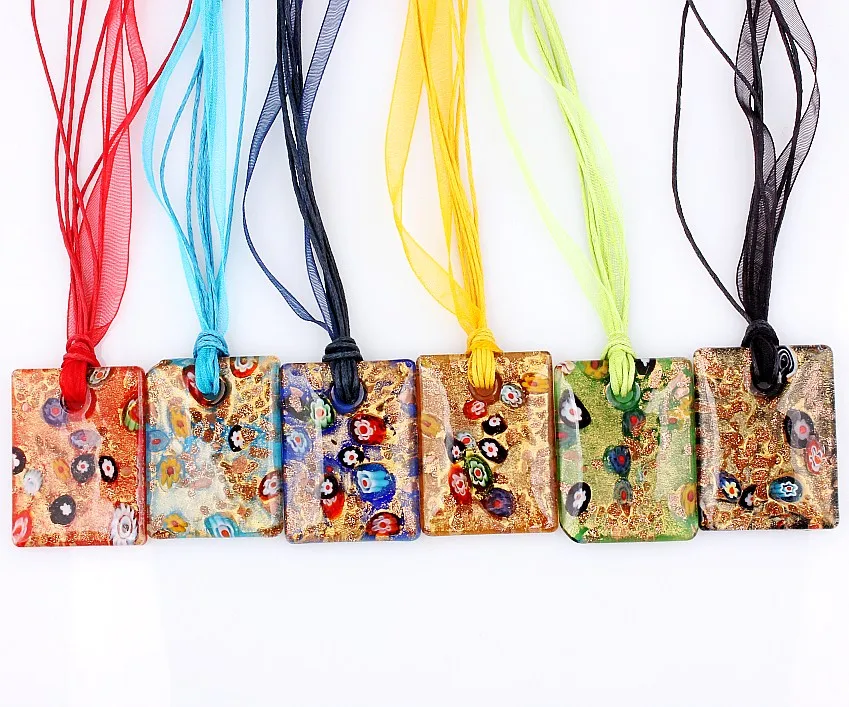 Wholesale 6pcs Murano Lampwork Glass Square Flower Pendant Beauty Necklaces For Women\'s Gift