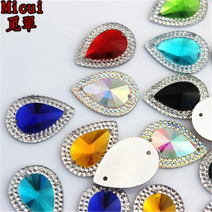 Micui 50pcs 18*25mm AB Color Drop Resin Crystal Resin Rhinestones Beads Flat back Sewing Buttons Sew On 2 hole ZZ474