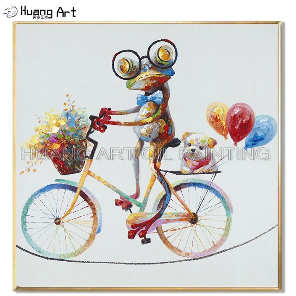 Most Popular Selling Professional Artists Team Handmade Frog is Riding Motorbike Funny Animals Wall Oil Painting on Canavs