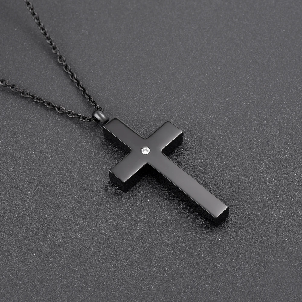 IJD9848 Silm Memorial Stainless Steel Cremation Cross Urn Pendant Necklace Crystal Funeral Black Ashes Keepsake Urn Stash