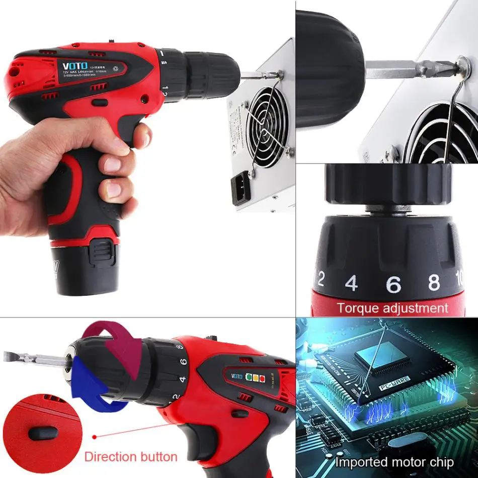 VOTO 12V Electric Screwdriver Rechargeable Lithium 2 Battery Wireless Drvier Cordless Screwdriver Two-speed Power Tools