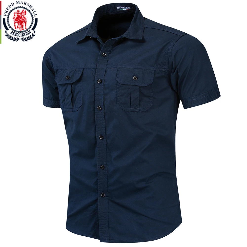 Fredd Marshall New Mens Military Shirt Men Short Sleeve Cargo Shirts 100% Cotton Casual Solid Shirt Male Pocket Work Shirt 55889