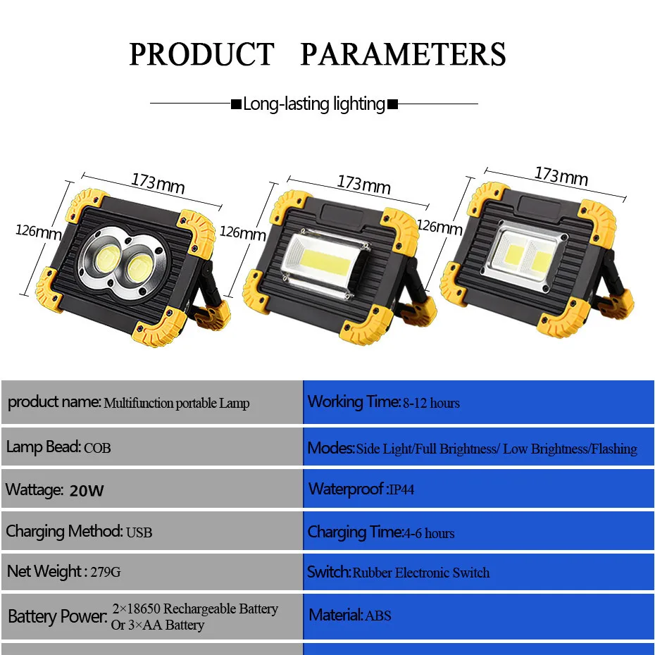 Multifunctional 20W LED Portable Spotlight 400lm Rechargeable Floodlight USB Charging/Battery Outdoor Camping Lawn LED Work Lamp