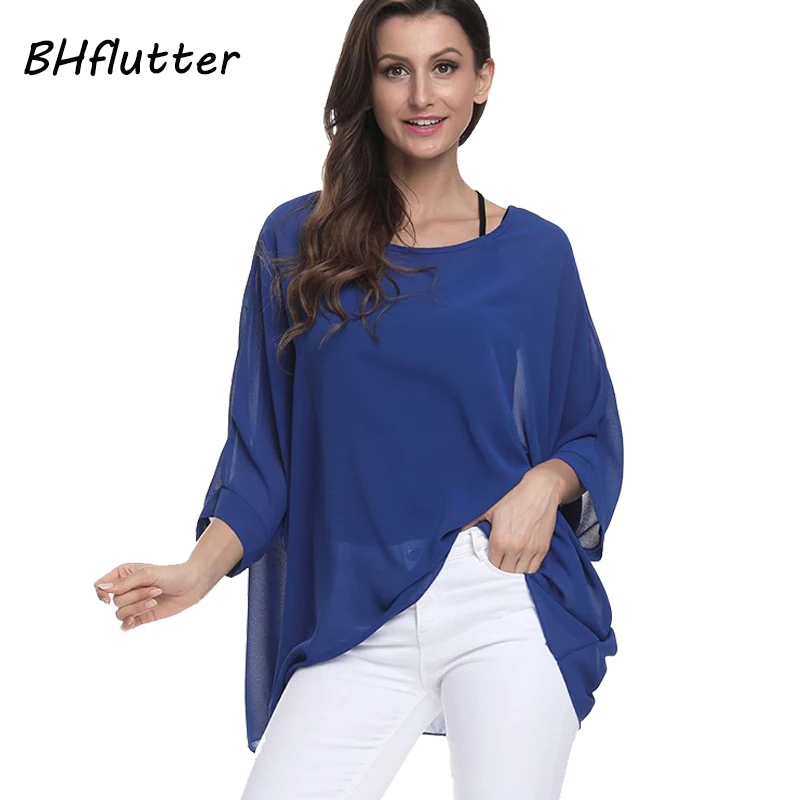 BHflutter Plus Size 2018 Women Tops Tees Batwing Sleeve Casual Loose Chiffon Blouse Shirt O neck Solid Summer Blouses Blusas