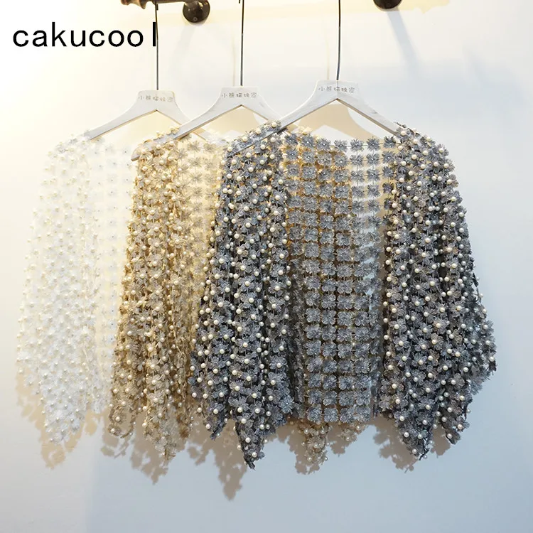 

Cakucool Women Summer Sun-proof Coat Lace Hollow Out Floral Pearl Bead Open Stitch Cardigan Flare Sleeve Jacket Cappa Shawl Lady