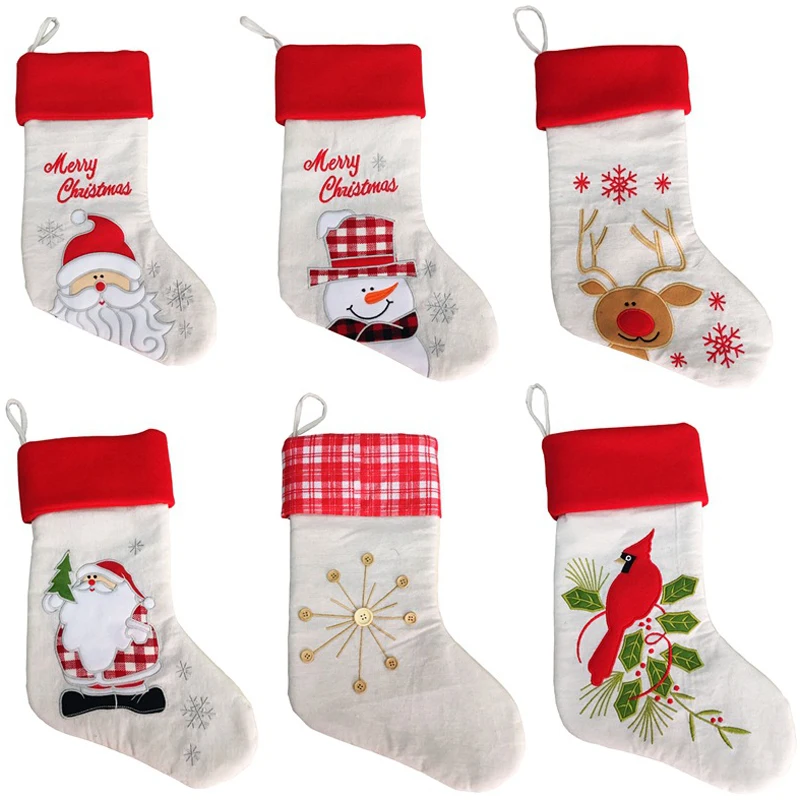 10 pcs / lot 2019 New Christmas Decoration Linen Embroidery Christmas Socks Gift Bag Santa Claus Snowman Elk xmas sock kid gifts