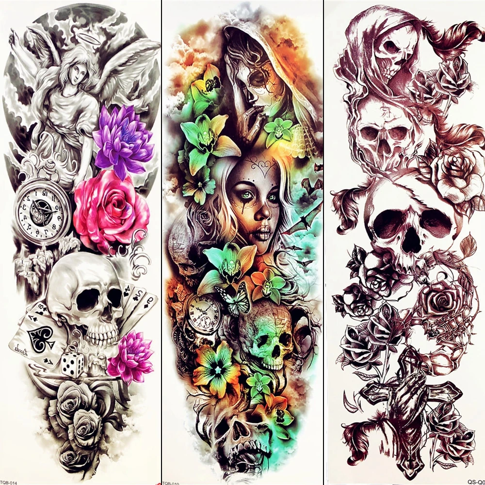 3D Demon Sexy Skull Long Temporary Tattoo Sticker Summer Witch Mask Tatoo Men Women Tears Ghost Body Leg Waterproof Tatoo Makeup