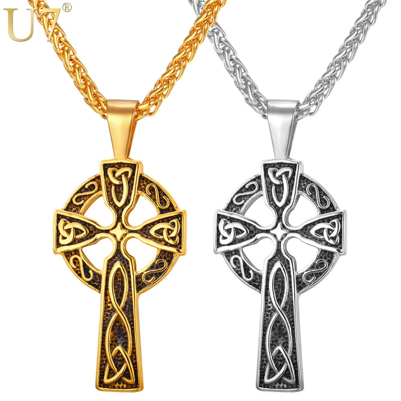 U7 Cross Irish Knot Necklace for Men Stainless Steel Triquetra Viking Triple Horn Of Odin Jewelry Necklace & Pendant P754