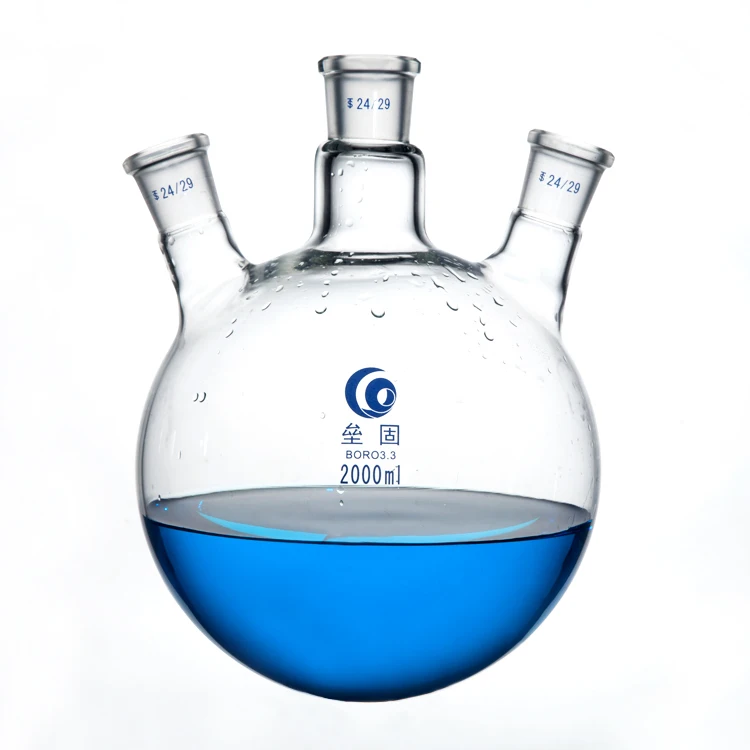 Oblique Three port Glass flask Round bottom Borosilicate glass Standard Mouth three neck flask reactor (#14/19/24)