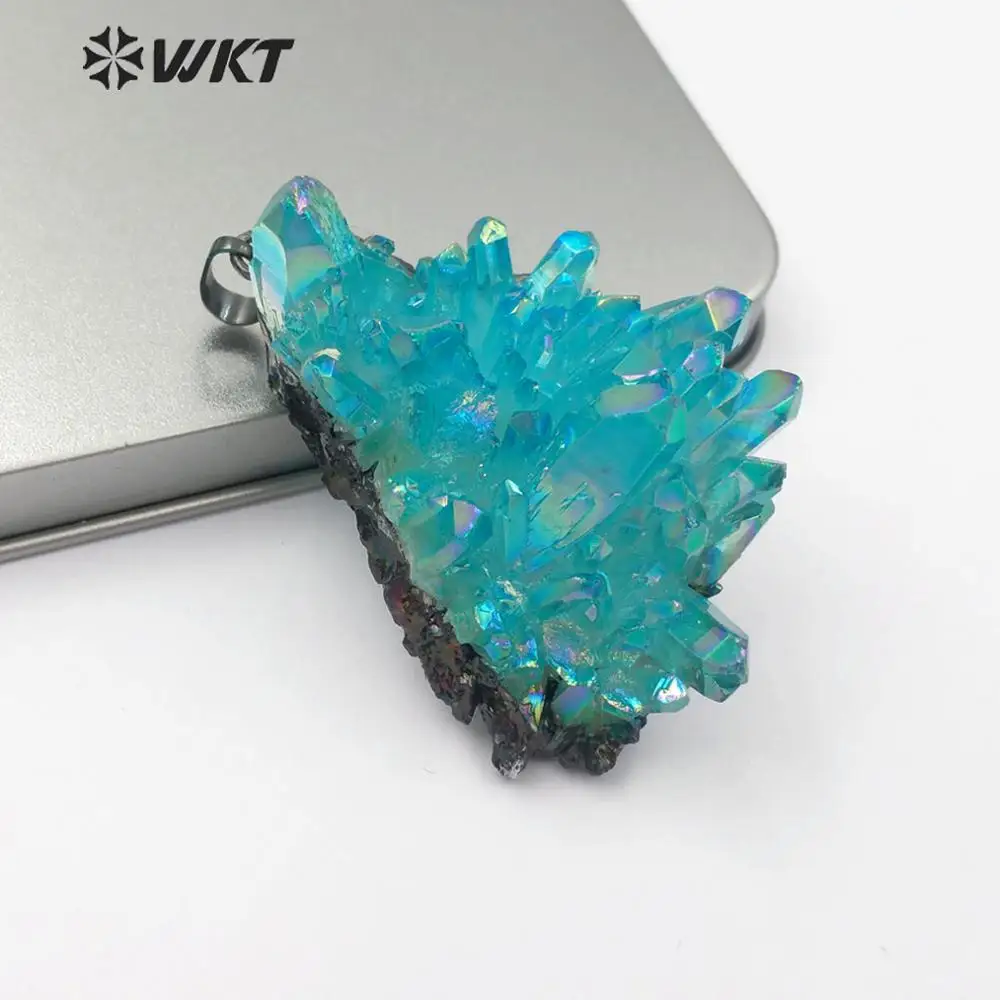 

WT-P1446 Aqua Aura Quartz Pendant Raw Blue Color Quartz With Gun Black Plated Pendant Spiritual Jewelry Necklace Pendant