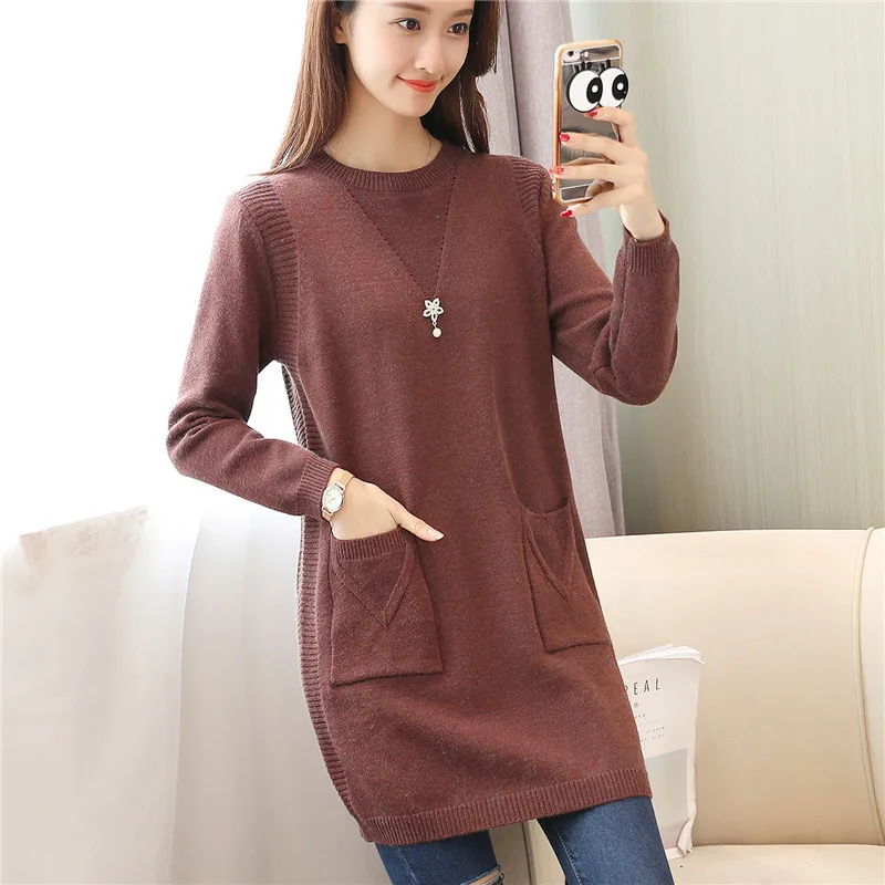 Lady Long Sleeve Pullovers Sweaters Female Knitted Coat Pocket Knit Joker Render Unlined Upper Garment B9703