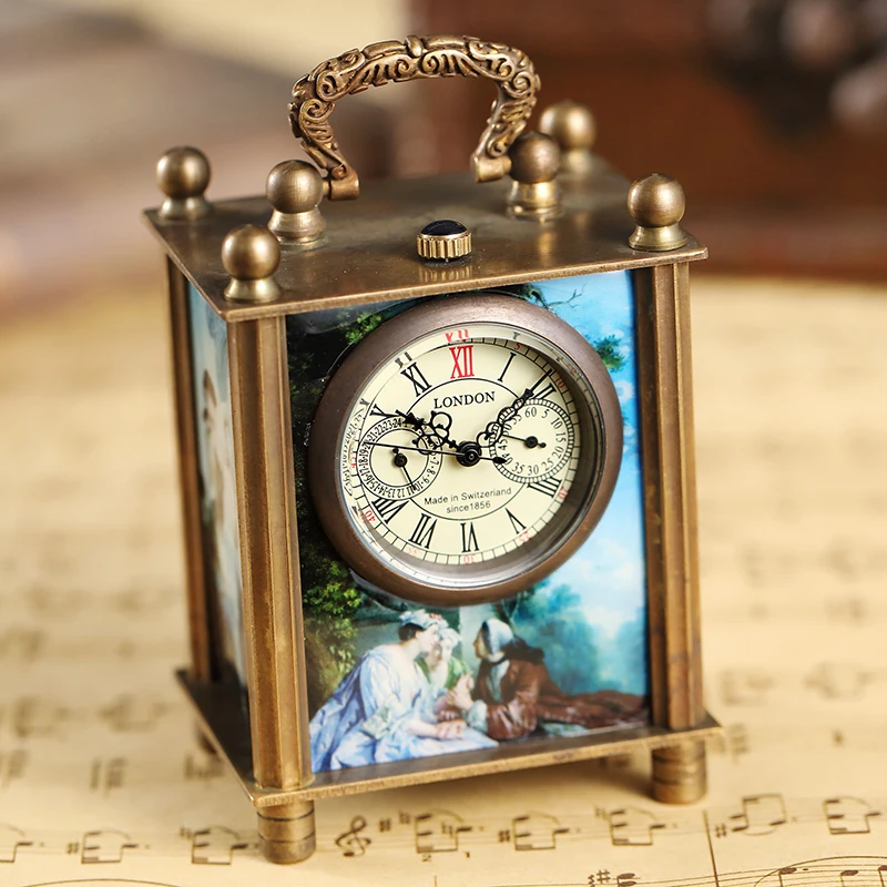 Unique Painting Mechanical Watch Bracket Clock Vintage Antique Art Oil Painting Square Retro Bronze Home Decoration Watch Clock