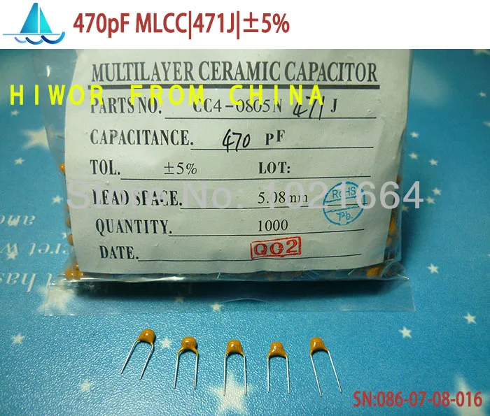 

(1000pcs/lot)(Capacitors|MLCC) 470pF 471J 50V Leaded Multilayer Monolithic Ceramic Capacitor, pitch:5.08MM, TOL:5%