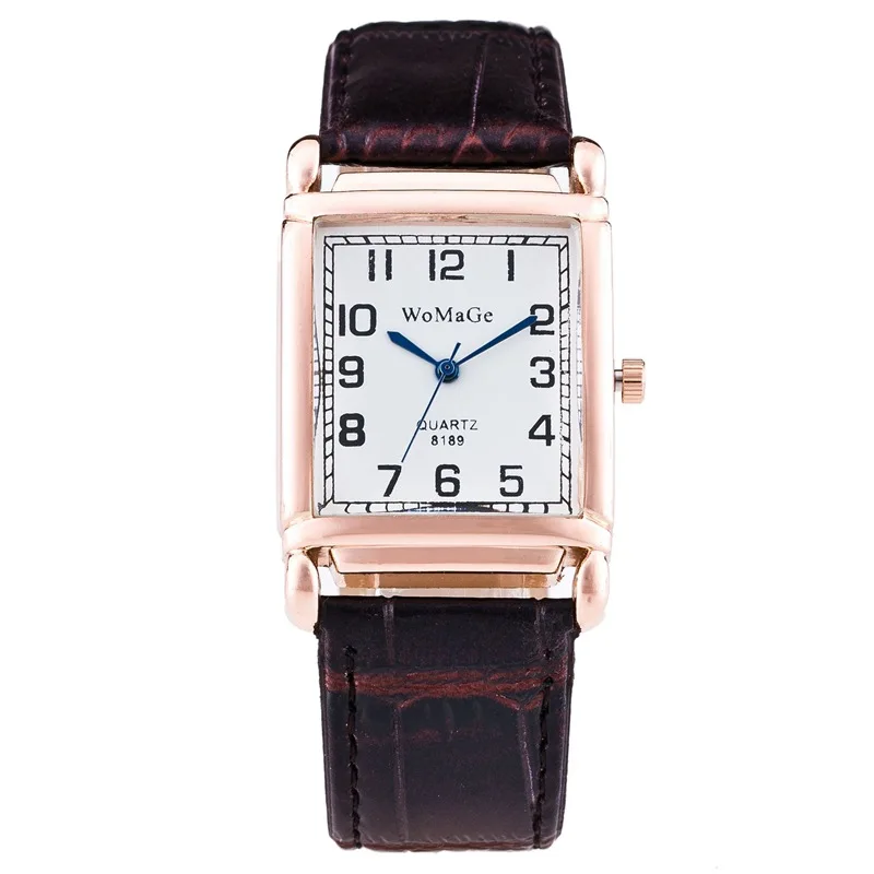 Womage Brand Lady Fashion Leather Band Rectangle Watch  Rose Gold Square Dial Women Casual Bracelet Quartz Casual Wristwatches