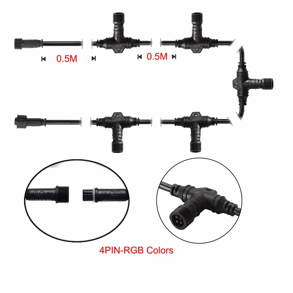 Waterproof Rating IP67 UL2464 Wire Black PC 3M Single Color Lights 2 PIN/RGB Color Lights 4 PIN T Connect Cable