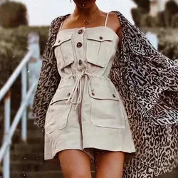 2019 styl Safari Spaghetti kombinezon z ramiączkami kobiety otwórz przycisk z wiązaniem w kokardę talia krótkie spodnie Romper Cotton Linen Playsuits