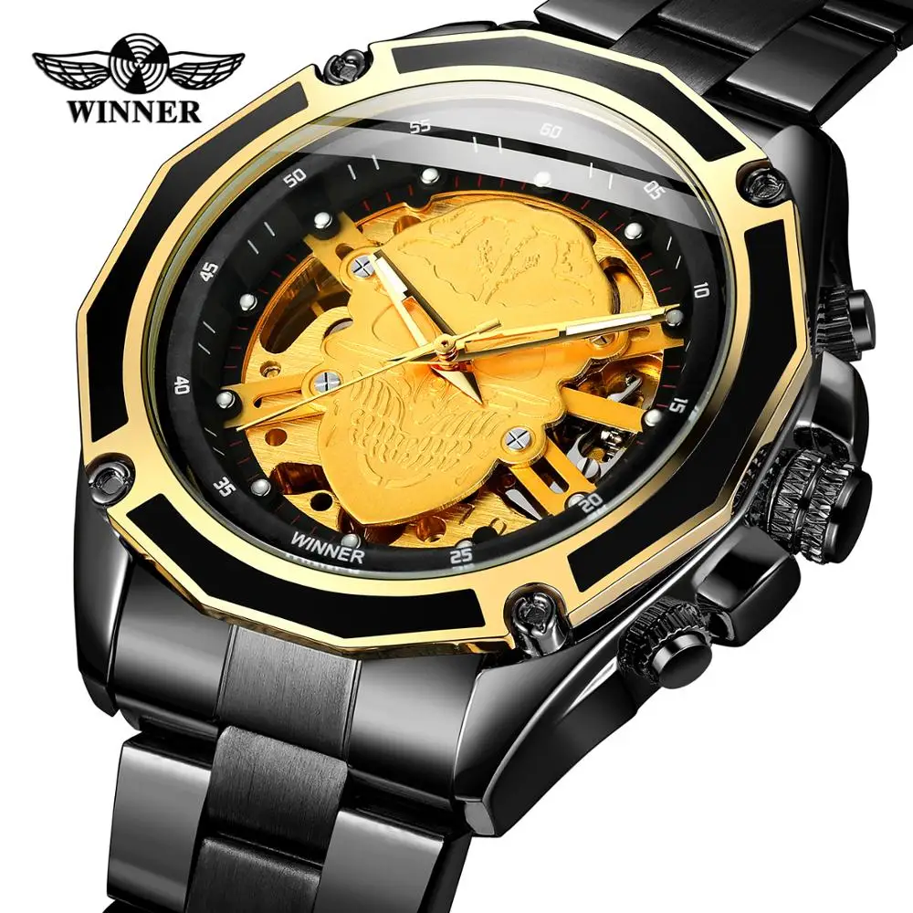 Winner Top Brand Dial Skull Skeleton Wristwatch For Men Self-winding Movement High-end Luxury Full Steel & Leather Band Watches