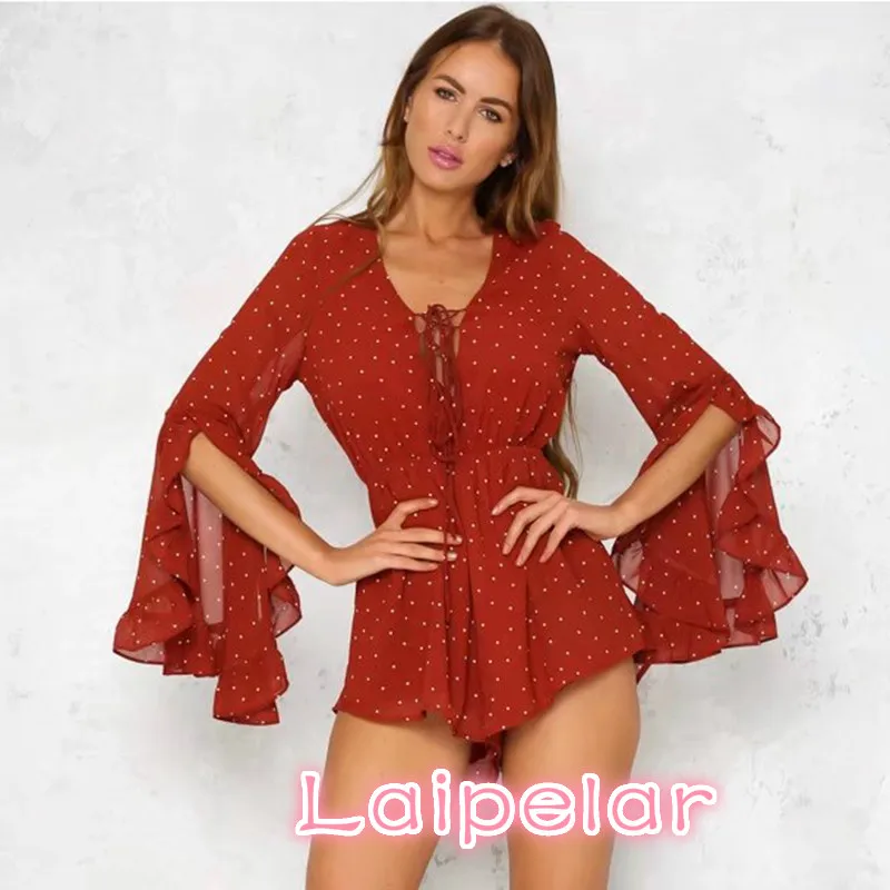 Combishort à pois à lacets, une pièce, style Boho, combinaison pour femmes, élégante, sexy, style bohème, streetwear, été