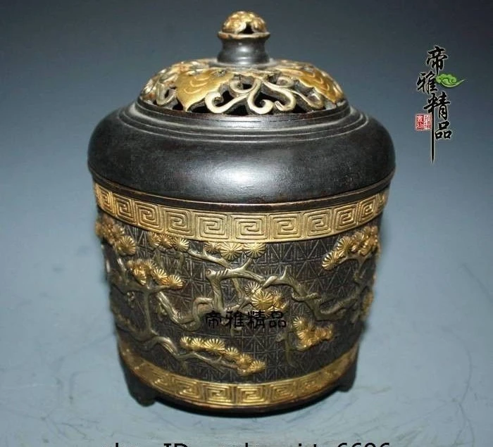 China Buddhism Copper 24K Gold Gild Silver-gilt Pine Tree Incense Burner Censer