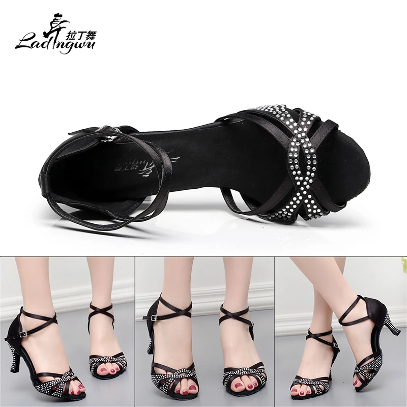 Ladingwu Shine Rhinestones Brown/Black Shoes For Women Salsa Tango Latin Dance Shoes Heels 6cm/7.5cm/8.5cm/10cm