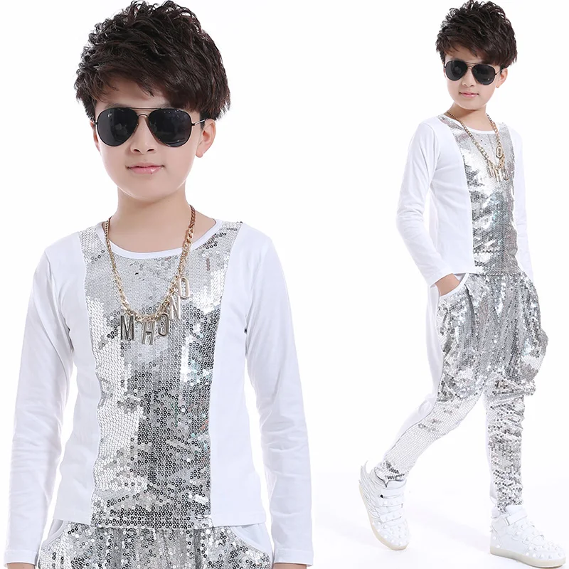 Jazz Dance Costumes Child Sequined Long Sleeved Shirt Harem Pants Children Street Clothes Kids Stage Performance Wear DNV11063