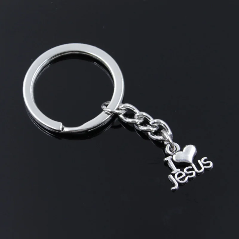 New Fashion Men 30mm Keychain DIY Metal Holder Chain Vintage I Love Jesus 15x13mm Silver Color Pendant Car Keychain Gift