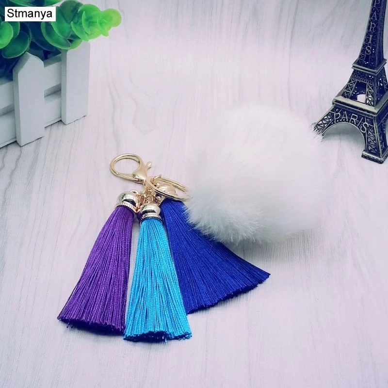 New Tassel Fur Key Chain - 8cm POM POM Car Keychain With 3 Tassels Fur Pompom Bag Key Ring Pendant Jewelry #16010