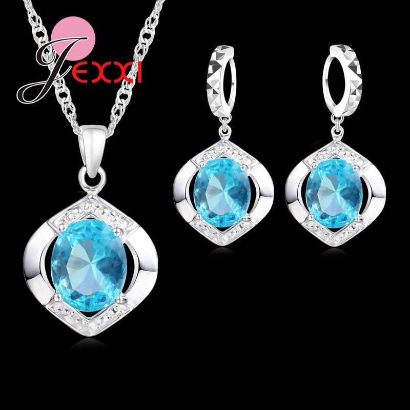 Trendy 925 Sterling Silver Top Grade AAA+ CZ Zircon Wedding Engagment Necklace+Earring Blue Jewelry Sets Women Bijoux