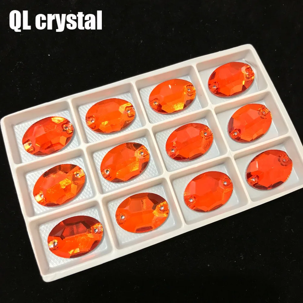 ALL Size Orange Red Oval Sew On Crystal Rhinestones Flatback with 2 holes for Making wedding dress  bags shoes accessories