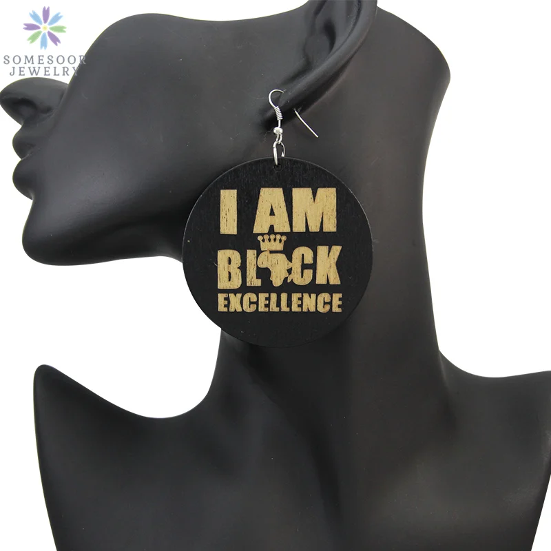 SOMESOOR Engraved Wood African Earrings 2019 I Am Black Excellence Afrocentric Crown Map Photos Jewelry For Women Gift