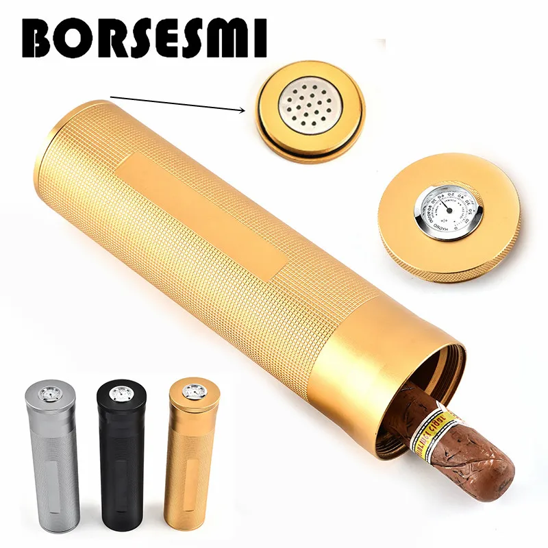 

High quality single cigar tube case with hygrometer metal Cigar Holder tool smoking accessories Tobacco humidor humidifier 200mm