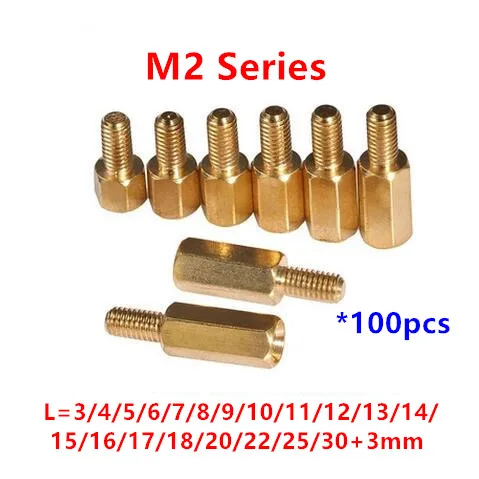 100pcs 2mm Thread M2 Hex Brass Standoff Spacer Male to Female Brass spacing screws pillar M2*4/5/6/8/10/12/15/16/18/20/25/30+3mm