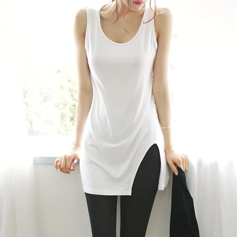 S-XL 2024 new spring summer Cotton Fashion women\'s clothing Long paragraph the word vest split t-shirt women dress shirt