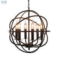 American Industrial Loft Candle Chandelier Vintage Round Iron Cage Hang Lamps for Restaurant  Bar Clothing Store Lighting Decor