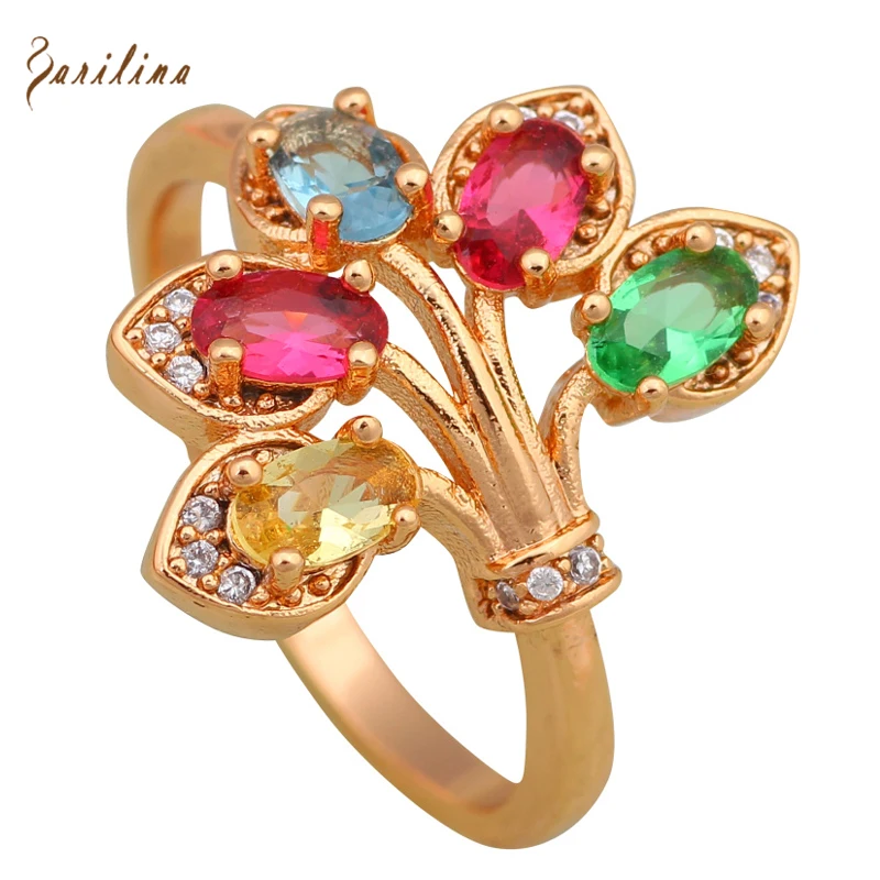 New 2021 Multi Gem Stone Rings For Women Fashion Jewellery Yellow Gold Party Ring Size 6 7 8 9 R576