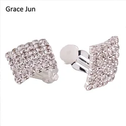 Grace Jun bridal earring 6 stand  Rhinestone square Clip on Earrings for Women No Hole Ear Clip Fahion Jewelry Accessories