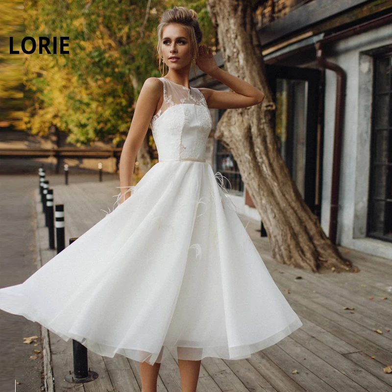 LORIE New Tea-Length Short wedding Dresses Lace Appliques Bride Dress Tulle with  Feathers Wedding Gowns Custom vestido de noiva