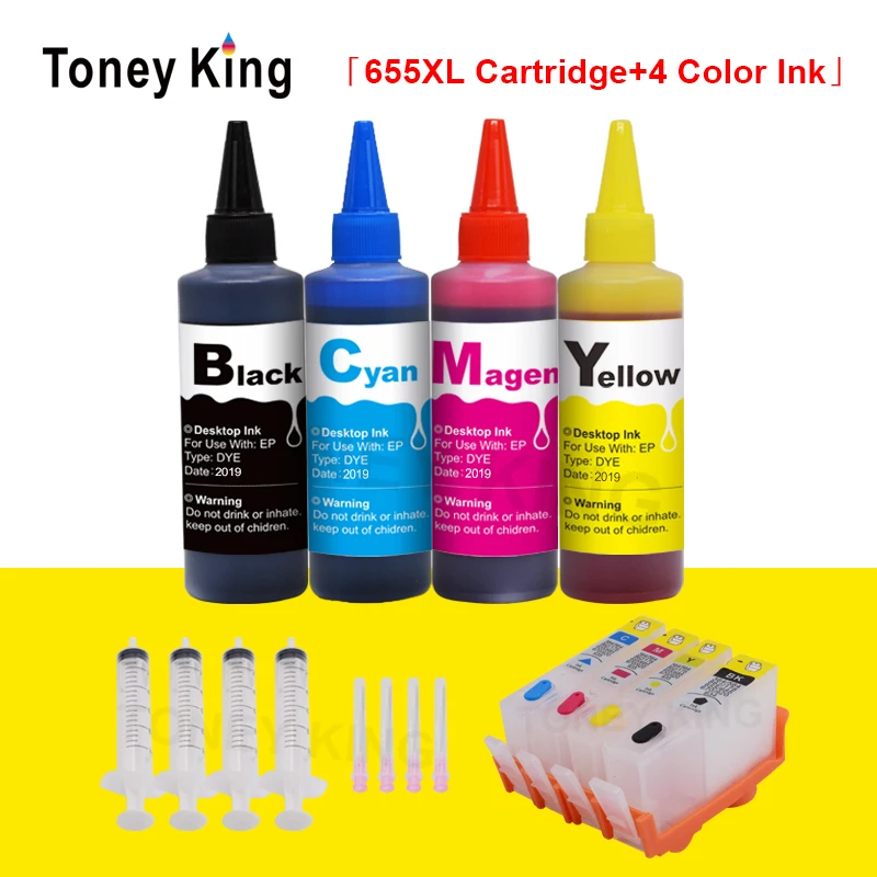 Toney King 655XL Replacement For HP 655 XL ink Cartridge For HP655 Deskjet 3525 5525 4615 4625 Printer + 100ml Ink Refill Kit