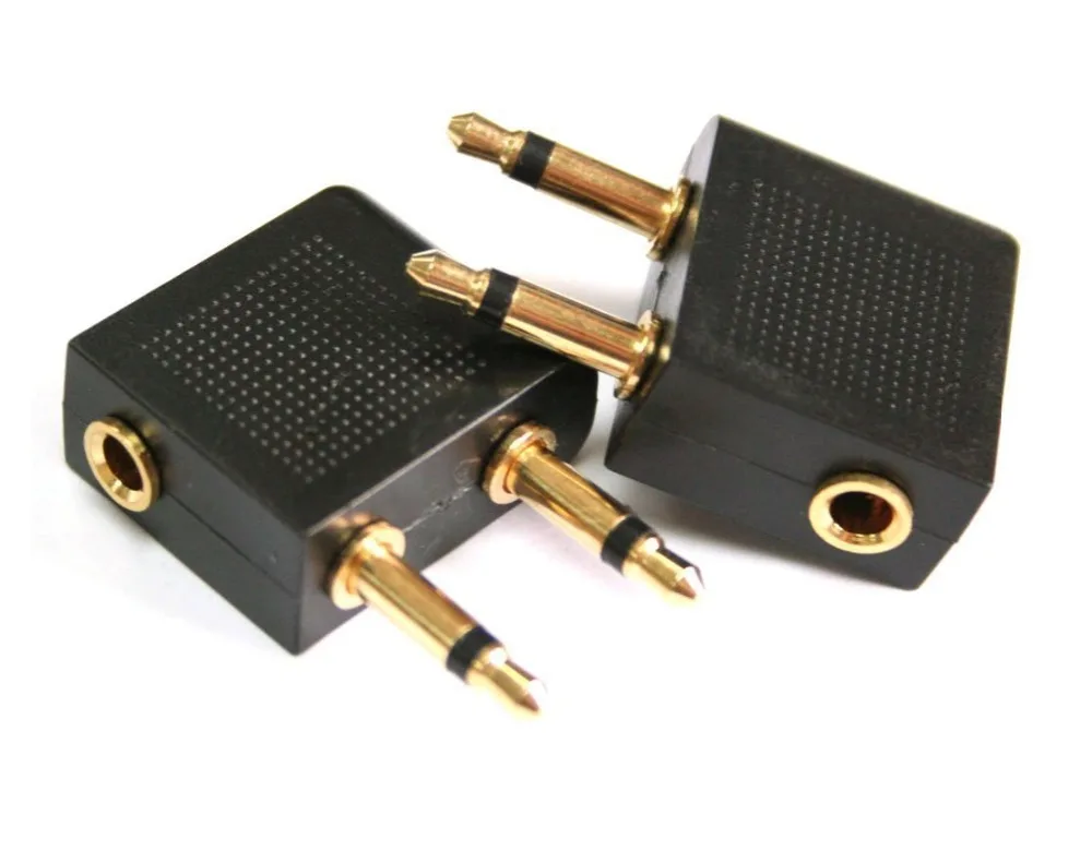 Golden Plated Airline Airplane Female to Dual 3.5mm Mono Male Flight Adapter for Travel Headphone Stereo Audio Adapter