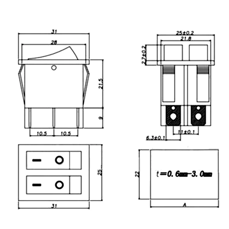 3 Stks/partij 31*25Mm Rood/Groen Lamp Light Dpst 6PIN Snap-In On/Off Positie snap Boot Rocker Switch 16A/250V Hoge Kwaliteit Koper