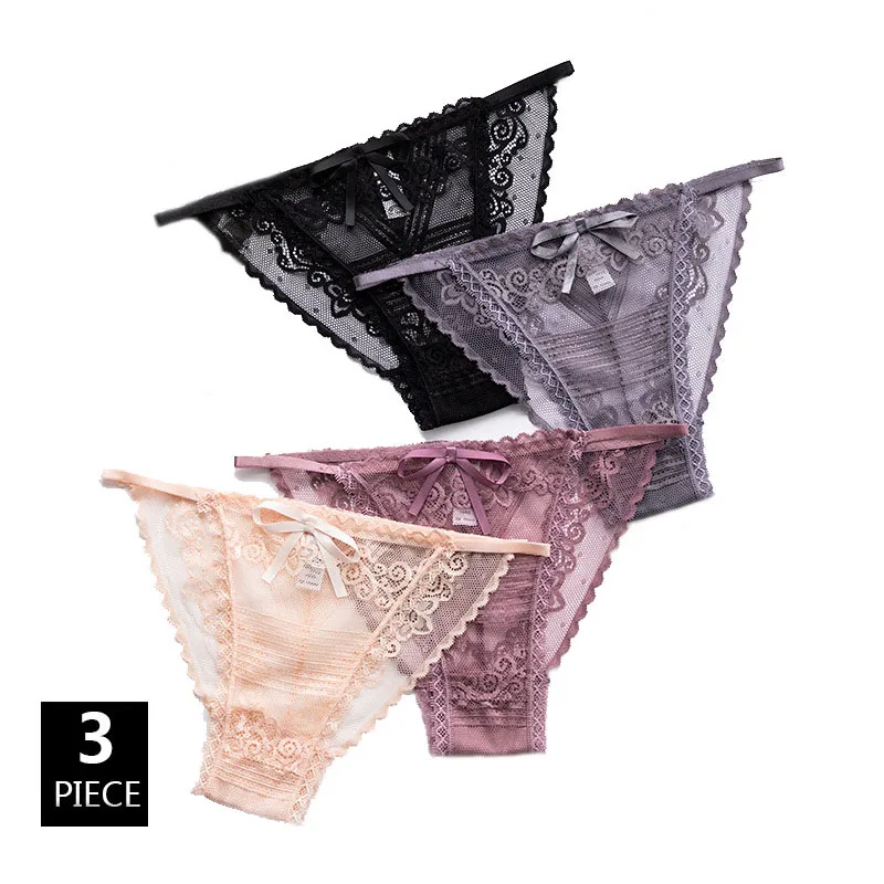 3PCS Sexy Lace Transparent Women Panties Thongs Low Waist Seamless Lady Underwear Bow Hollow Mesh Calcinha Lingerie Soft Breifs