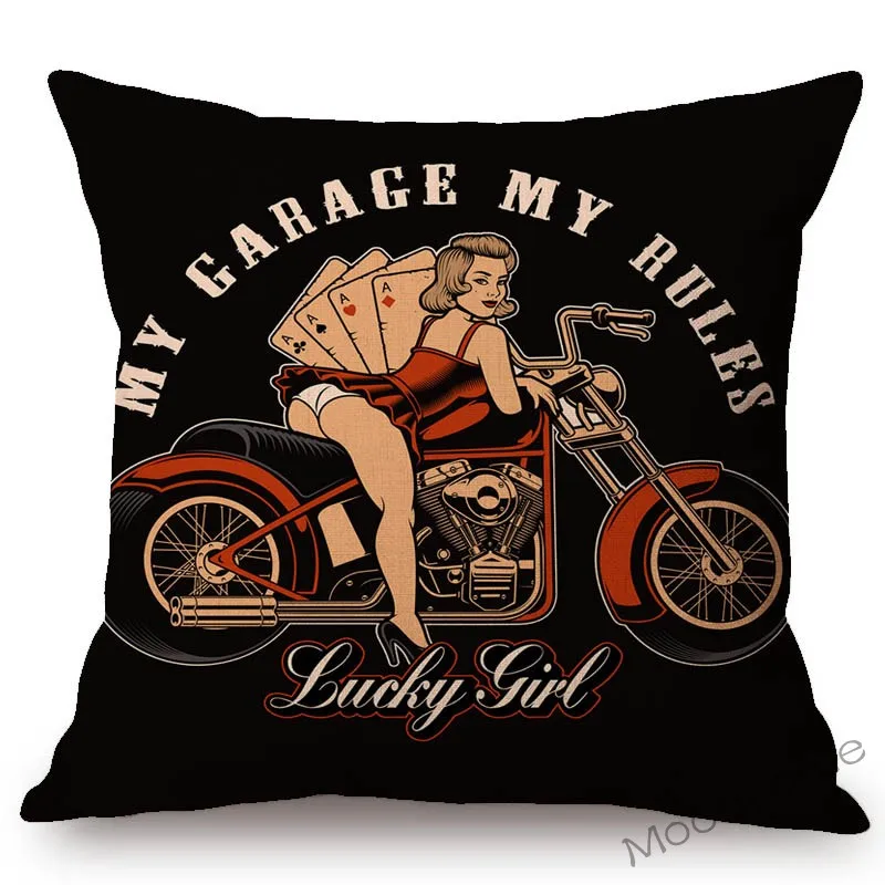 Sexy Motorcycle Car Race Girl Garage Repair Store Poster Art Home Decor Throw Pillow Case Linen Vintage Sofa Cushion Cover Case