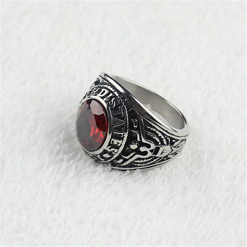 Red CZ Crystal Men\'s Stainless Steel United States Military Army Ring