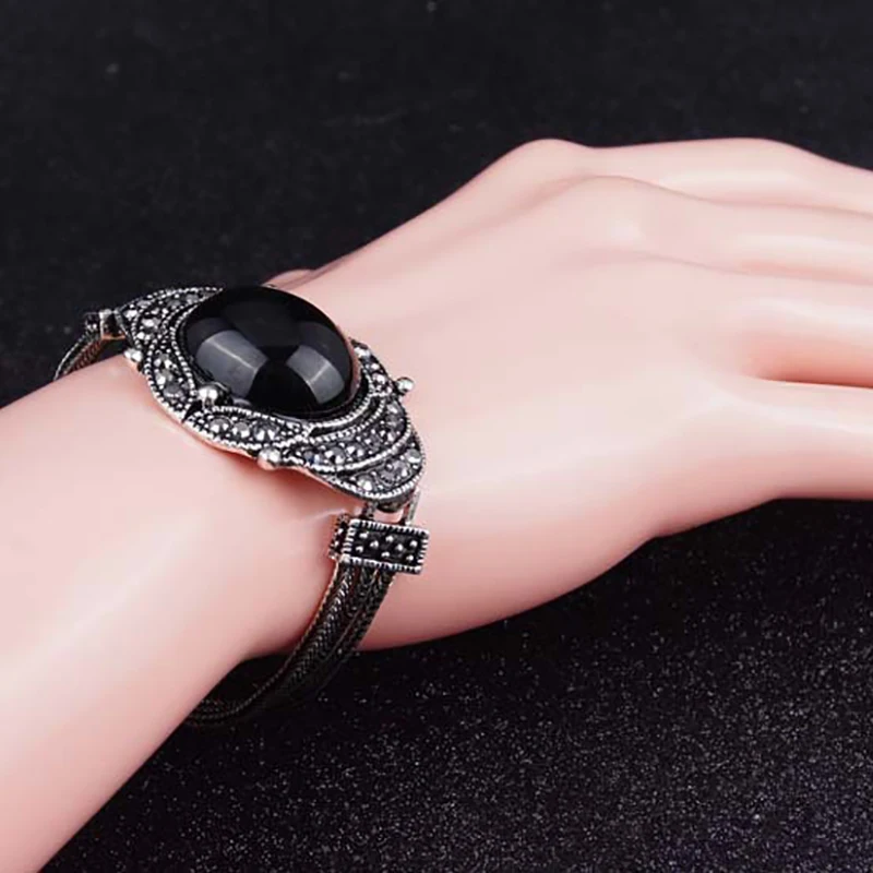 Vintage Ethnic Silver Color Layered Chain Bracelet Punk Big Black Stone Crystal Bracelets For Women Statement Turkish Jewelry